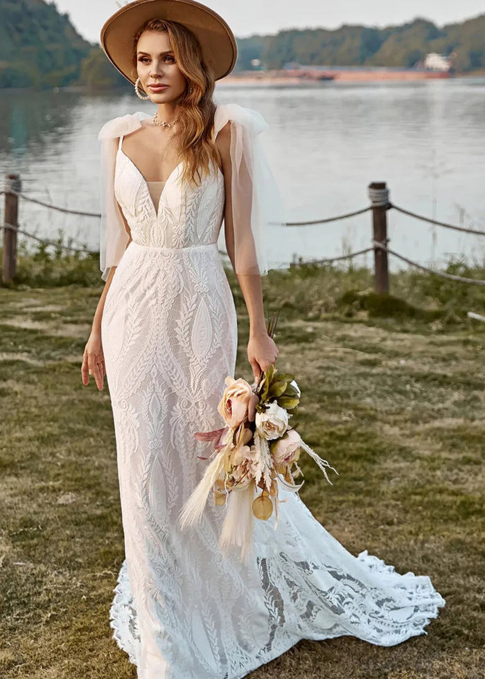 Geraldine | Boho Mermaid V Neck Backless Lace Long White Wedding Dress Train with Bow - Price #price_variant_lowest# - White - PromDressClub