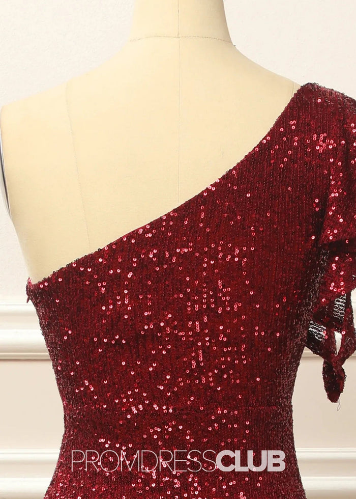 Geraldine |Long Burgundy Prom Dresses Near Me With Mermaid Sequins One Shoulder - Burgundy - PromDressClub