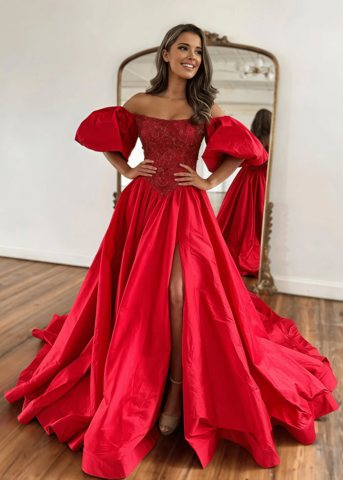 Gladys | A Line Long Red Black Strapless Off the Shoulder Satin Slit Formal dress with Puffy Sleeves - Red - PromDressClub