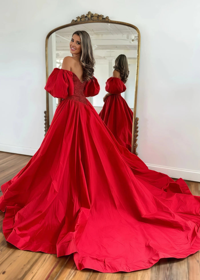 Gladys | A Line Long Red Black Strapless Off the Shoulder Satin Slit Formal dress with Puffy Sleeves - Red - PromDressClub