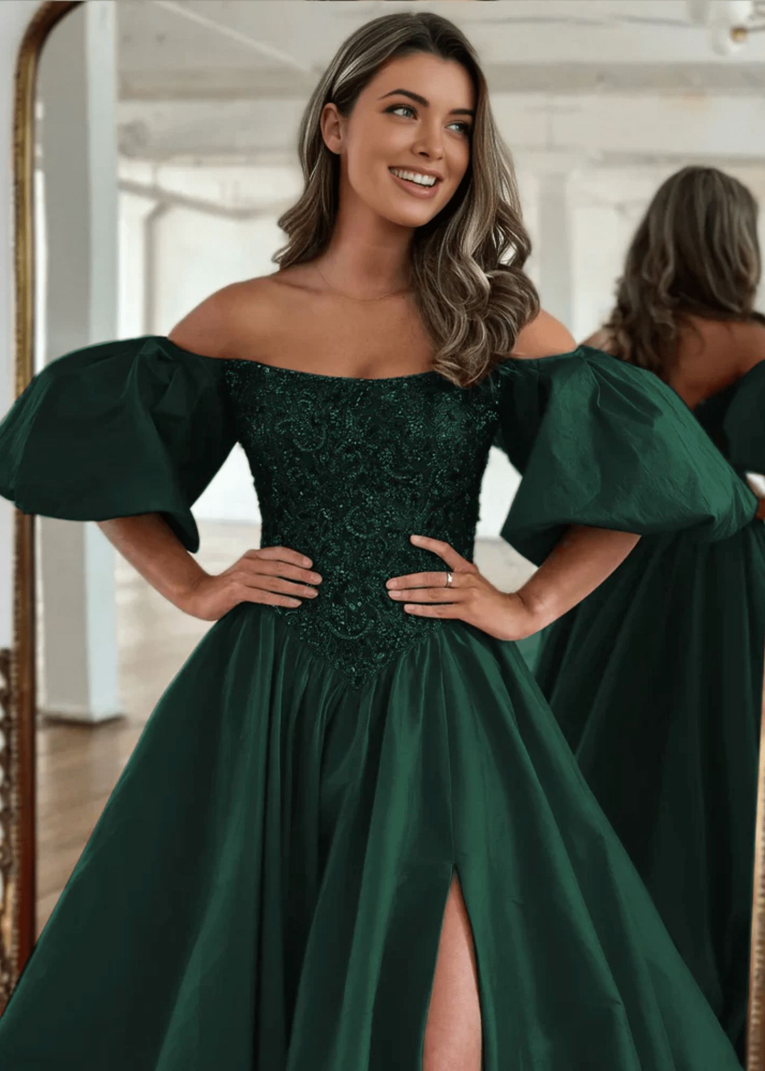 Gladys |A - Line Off The Shoulder Taffeta Red Long Prom Dress With Short Puffy Sleeves - Dark Green - US0 - PromDressClub