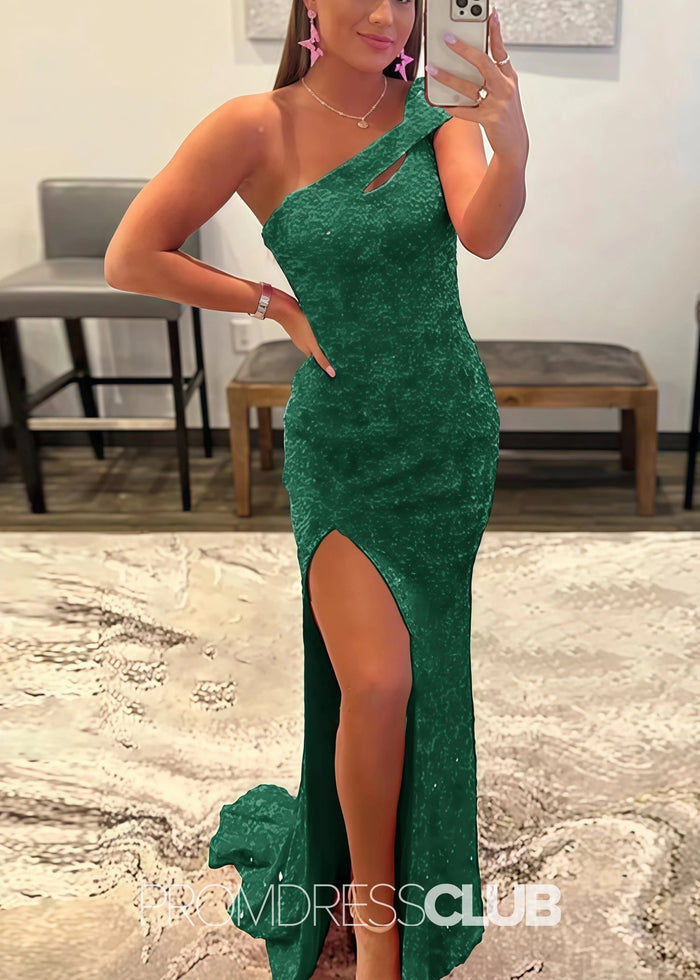 Gladys |Long Black Prom Dresses Near Me With Mermaid One Shoulder Sequins Split Formal Dresses - Dark Green - PromDressClub