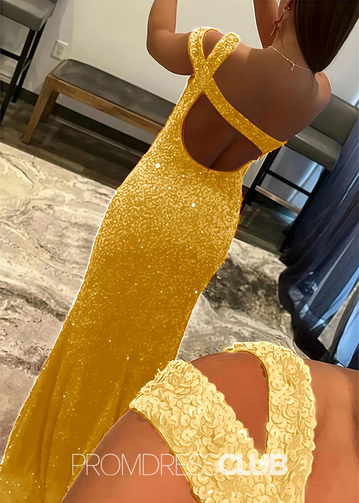 Gladys |Long Black Prom Dresses Near Me With Mermaid One Shoulder Sequins Split Formal Dresses - Gold - PromDressClub