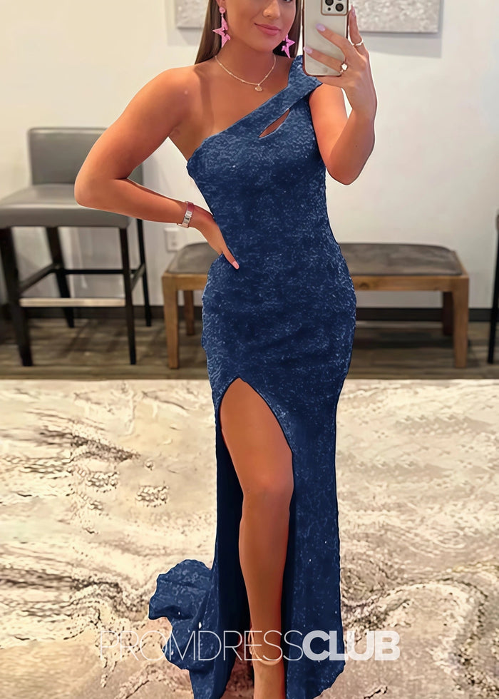 Gladys |Long Black Prom Dresses Near Me With Mermaid One Shoulder Sequins Split Formal Dresses - Price #price_variant_lowest# - Navy Blue - PromDressClub