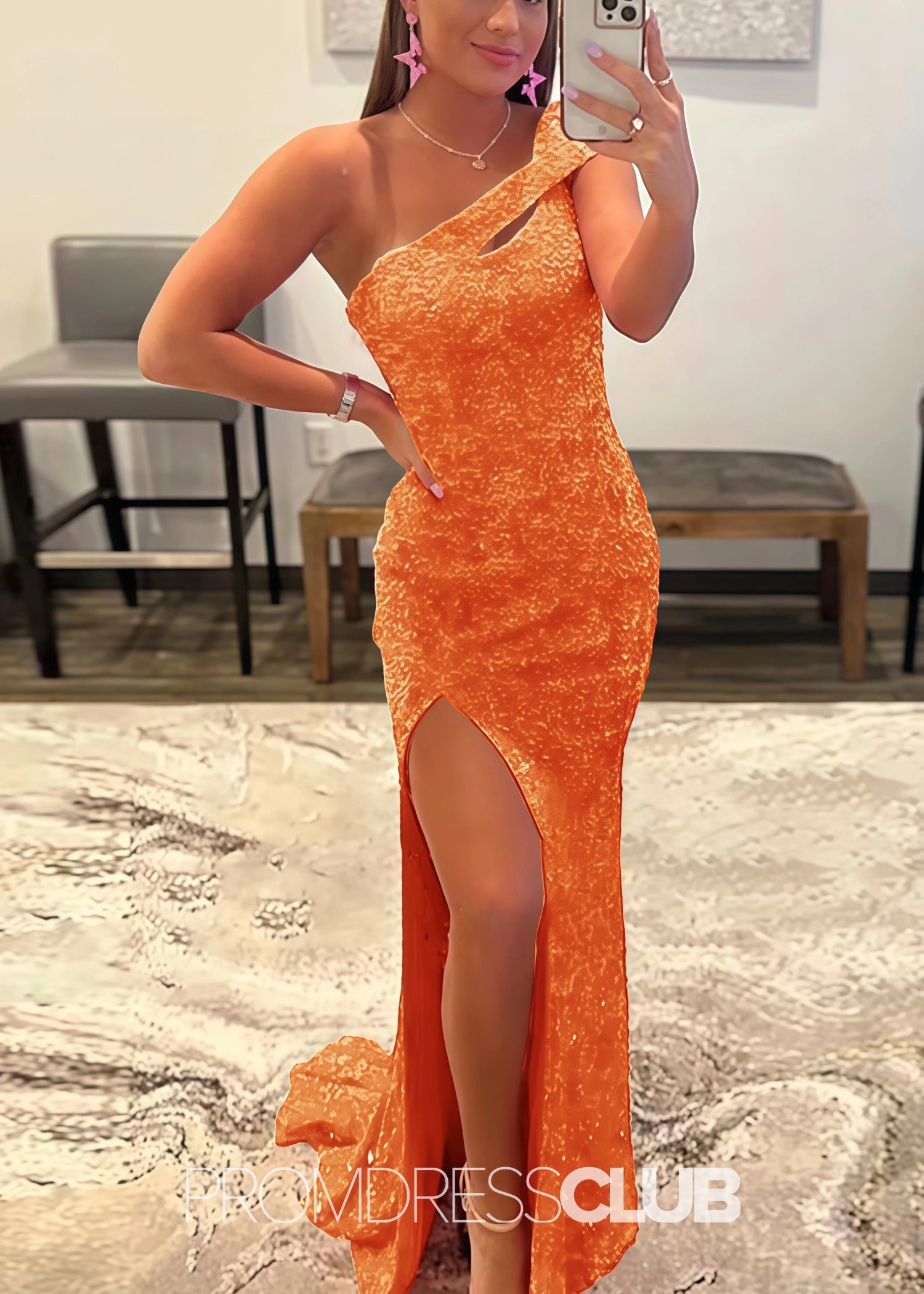 Gladys |Long Black Prom Dresses Near Me With Mermaid One Shoulder Sequins Split Formal Dresses - Orange - US0 - PromDressClub