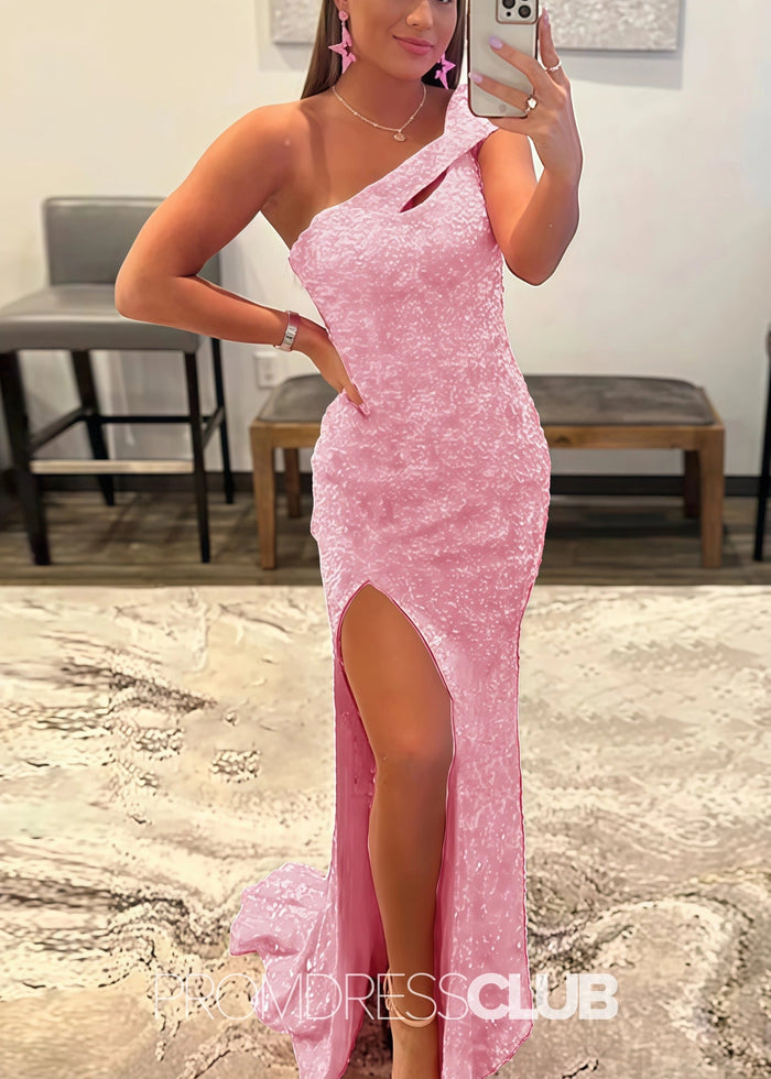 Gladys |Long Black Prom Dresses Near Me With Mermaid One Shoulder Sequins Split Formal Dresses - Price #price_variant_lowest# - Pink - PromDressClub