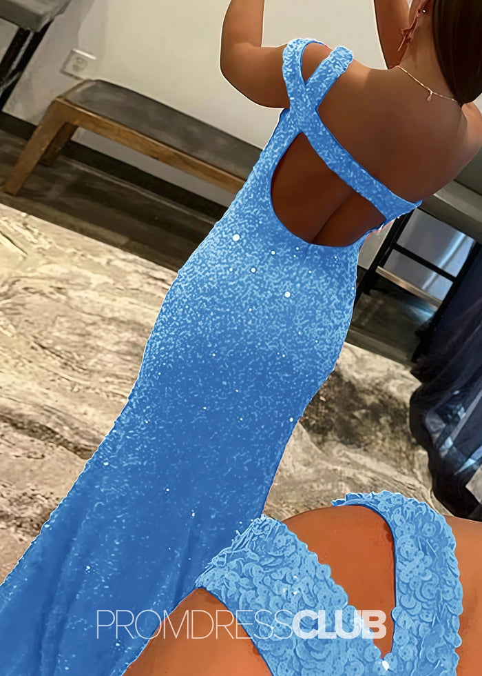 Gladys |Long Black Prom Dresses Near Me With Mermaid One Shoulder Sequins Split Formal Dresses - Price #price_variant_lowest# - Sky Blue - PromDressClub