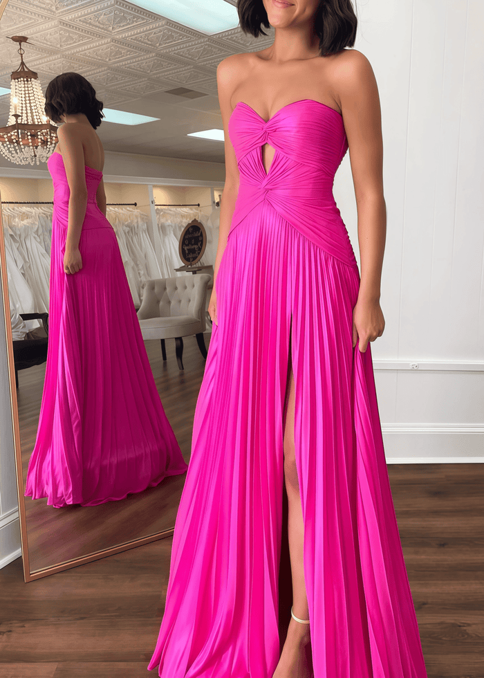 Gloria | Hot Pink A Line Strapless Corset Chiffon Formal Dress with Slit - Hot Pink - PromDressClub