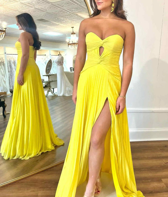 Gloria | Hot Pink A Line Strapless Corset Chiffon Formal Dress with Slit - Yellow - PromDressClub