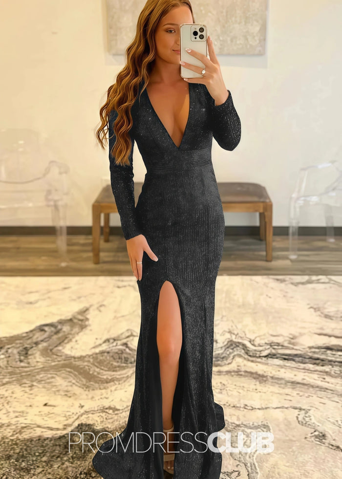 Gloria |Long Red Prom Dresses Near Me With Mermaid Deep V Neck Front Split Formal Dresses - Price #price_variant_lowest# - Black - PromDressClub