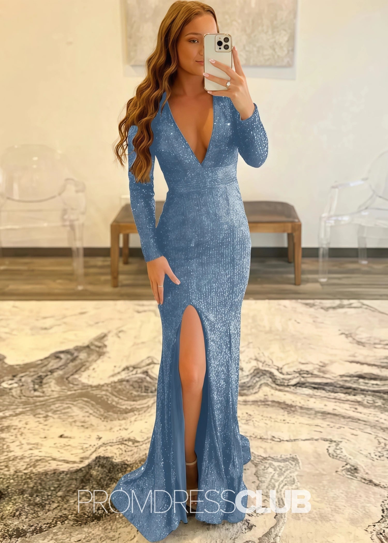 Gloria |Long Red Prom Dresses Near Me With Mermaid Deep V Neck Front Split Formal Dresses - Dusty Blue - US0 - PromDressClub