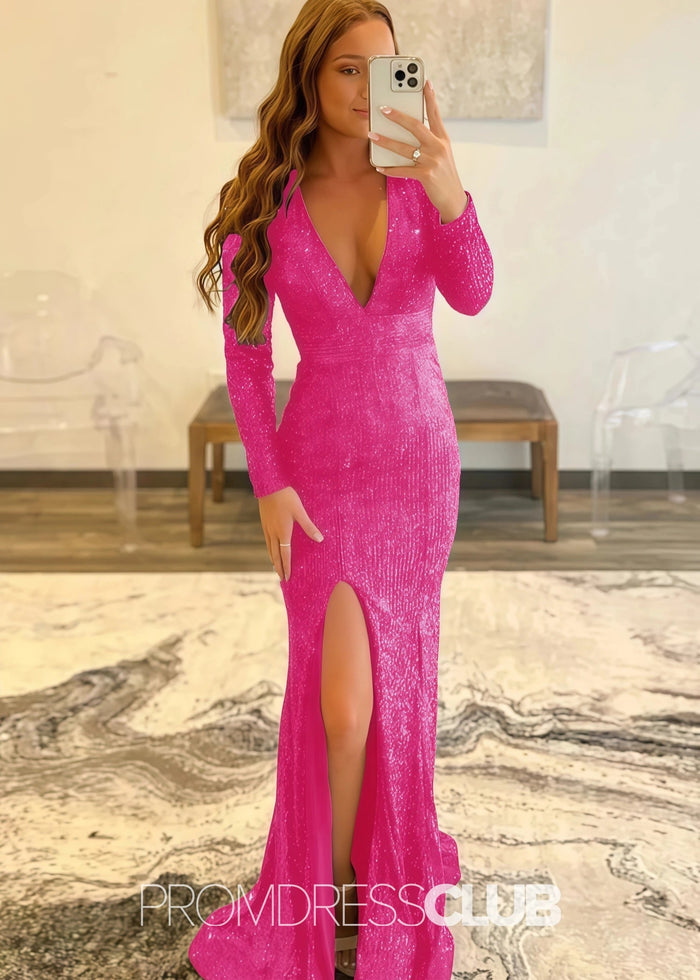 Gloria |Long Red Prom Dresses Near Me With Mermaid Deep V Neck Front Split Formal Dresses - Price #price_variant_lowest# - Fuchsia - PromDressClub