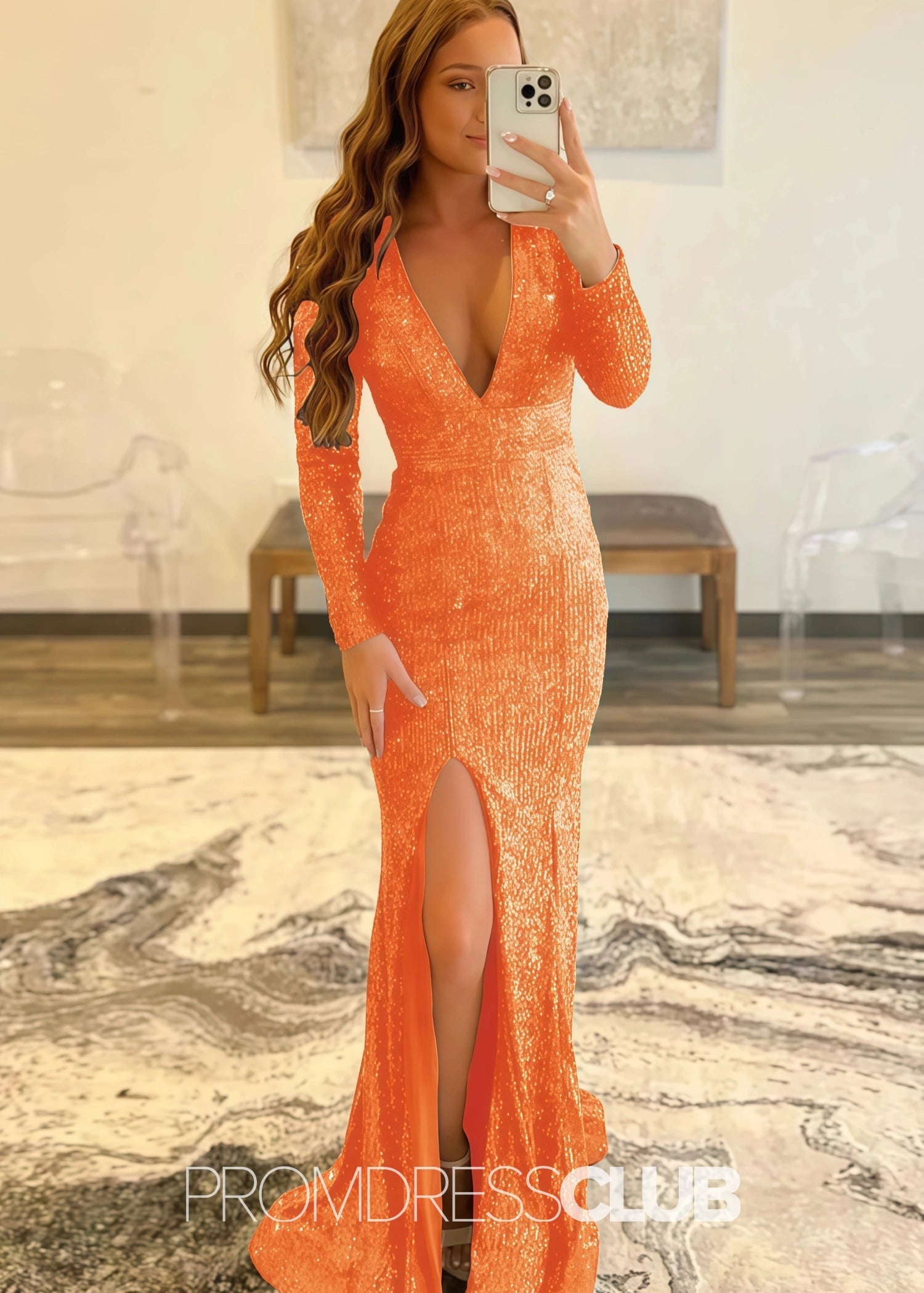 Gloria |Long Red Prom Dresses Near Me With Mermaid Deep V Neck Front Split Formal Dresses - Orange - US0 - PromDressClub