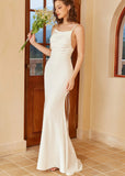 Grace | Boho Mermaid Square Neck Spaghetti Strap White Satin Wedding Dress with Backless - White - PROMDRESS Club