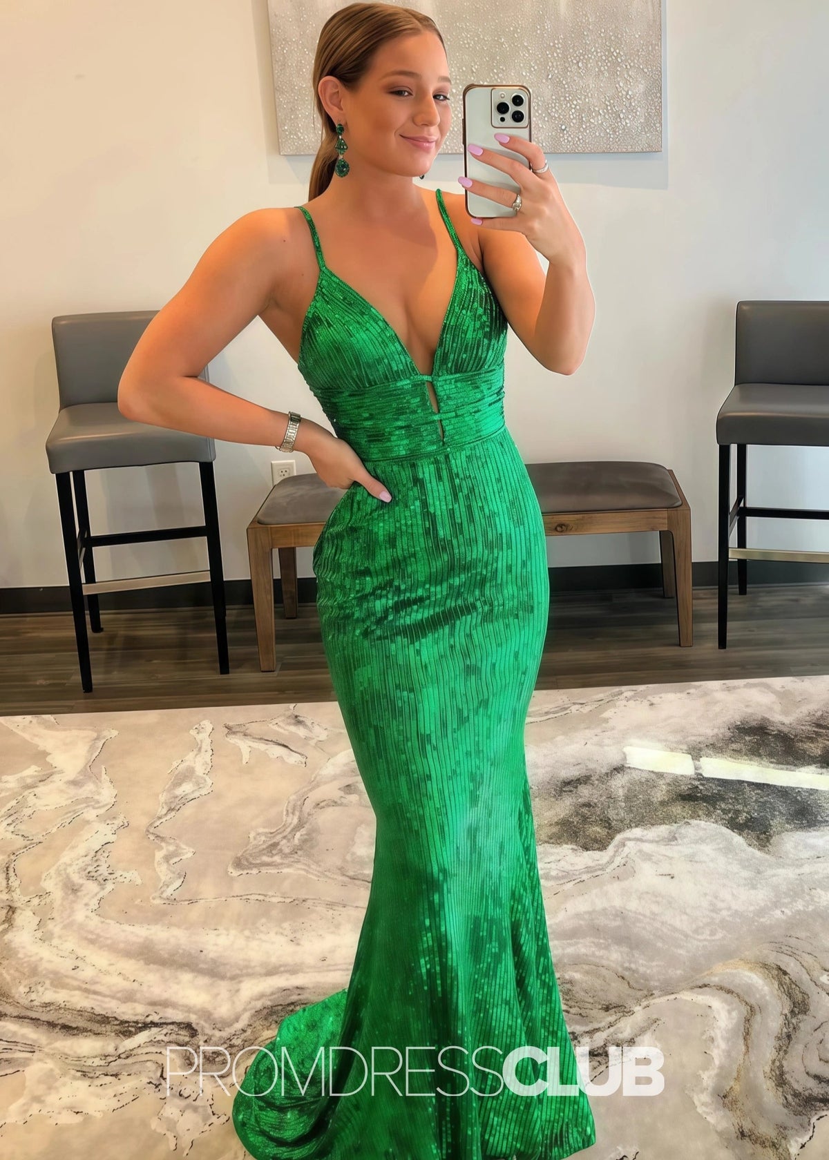 Grace |Long Green Prom Dresses Near Me With Mermaid Spaghetti Straps Sequins Backless - Green - US0 - PromDressClub