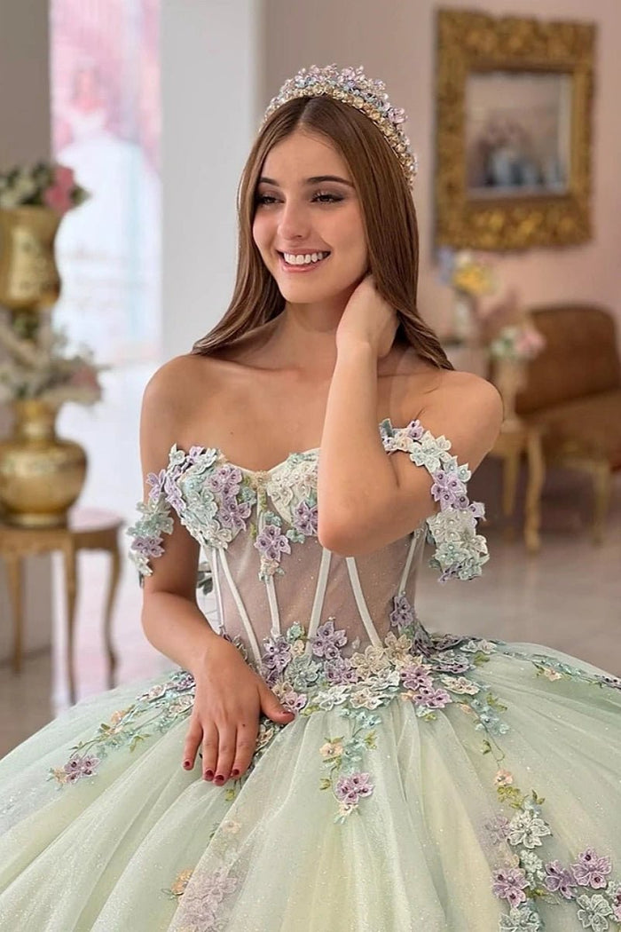 Gretchen | Stunning Adorable Light Green Off The Shoulder Quinceanera Dresses for Unforgettable Moments - Light Green - PromDressClub