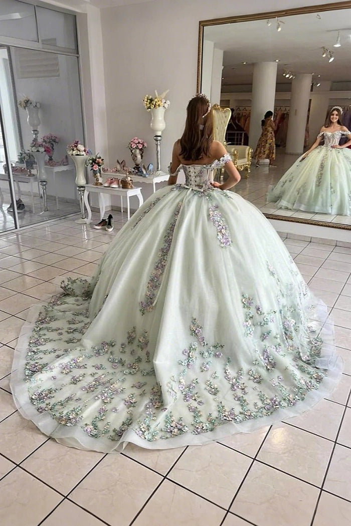 Gretchen | Stunning Adorable Light Green Off The Shoulder Quinceanera Dresses for Unforgettable Moments - Light Green - PromDressClub