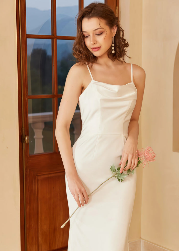 Griselda | Mermaid Boho Spaghetti Strap Open Back Satin Wedding Reception Dress with Train - White - PromDressClub