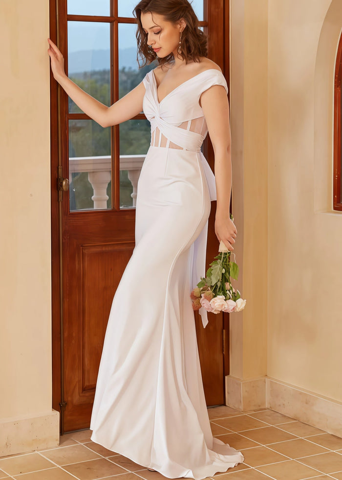 Gustave | Beach Off the Shoulder Backless White Wedding Guset Dress with Train - Price #price_variant_lowest# - White - PromDressClub