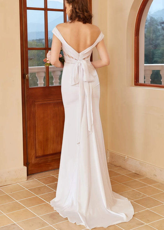 Gustave | Beach Off the Shoulder Backless White Wedding Guset Dress with Train - Price #price_variant_lowest# - White - PromDressClub