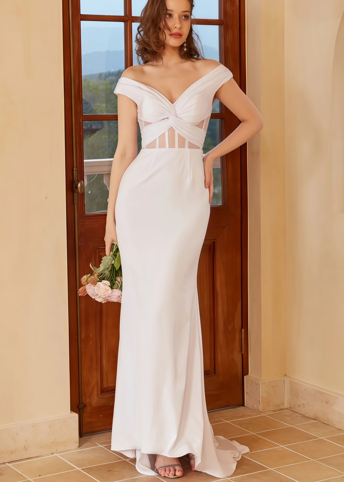 Gustave | Beach Off the Shoulder Backless White Wedding Guset Dress with Train - White - PROMDRESS Club