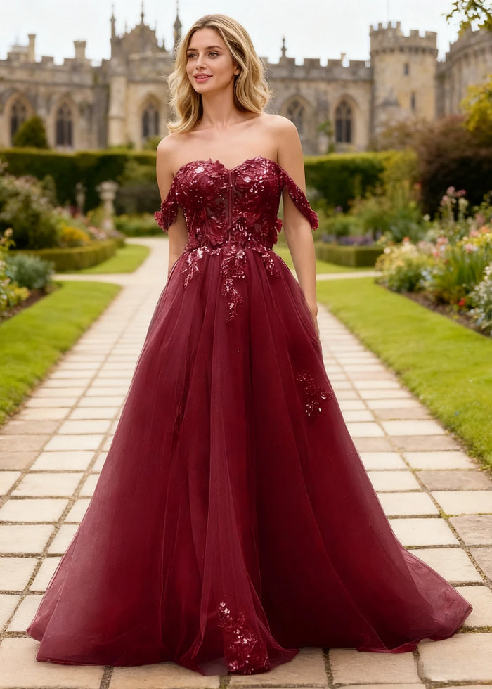 Gwen Burgundy 3D Flower Off Shoulder Prom Dress | A - Line Sweetheart Neckline Corset Tulle Formal Dress - Burgundy - PromDressClub
