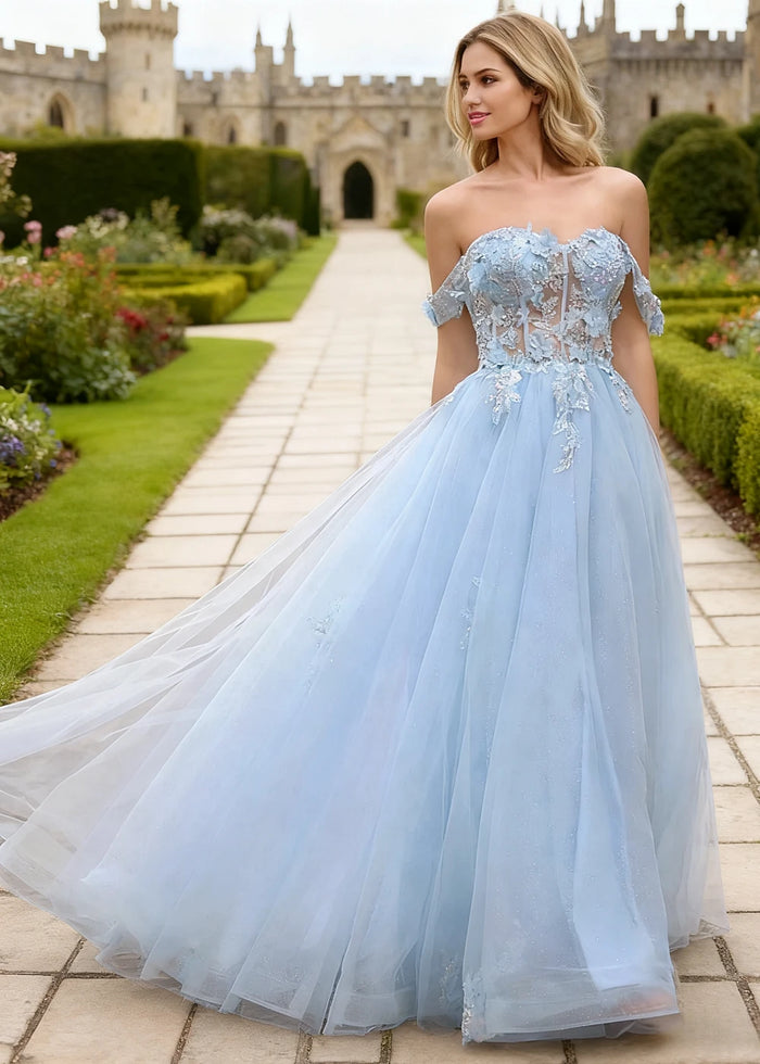 Gwen Light Blue 3D Flower Off Shoulder Prom Dress | A - Line Sweetheart Neckline Corset Tulle Formal Dress - Light Blue - PromDressClub