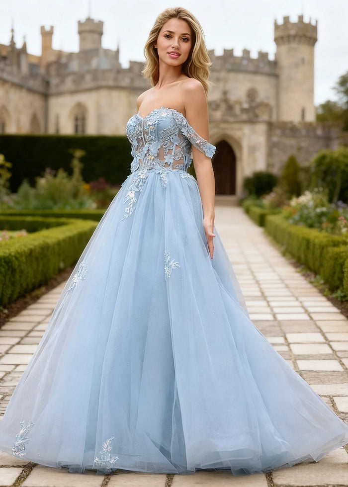 Gwen Light Blue 3D Flower Off Shoulder Prom Dress | A - Line Sweetheart Neckline Corset Tulle Formal Dress - Light Blue - PromDressClub
