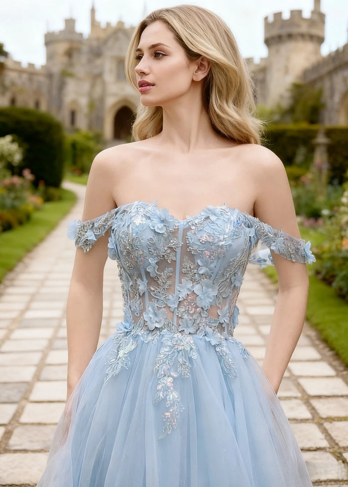 Gwen Light Blue 3D Flower Off Shoulder Prom Dress | A - Line Sweetheart Neckline Corset Tulle Formal Dress - Light Blue - PromDressClub