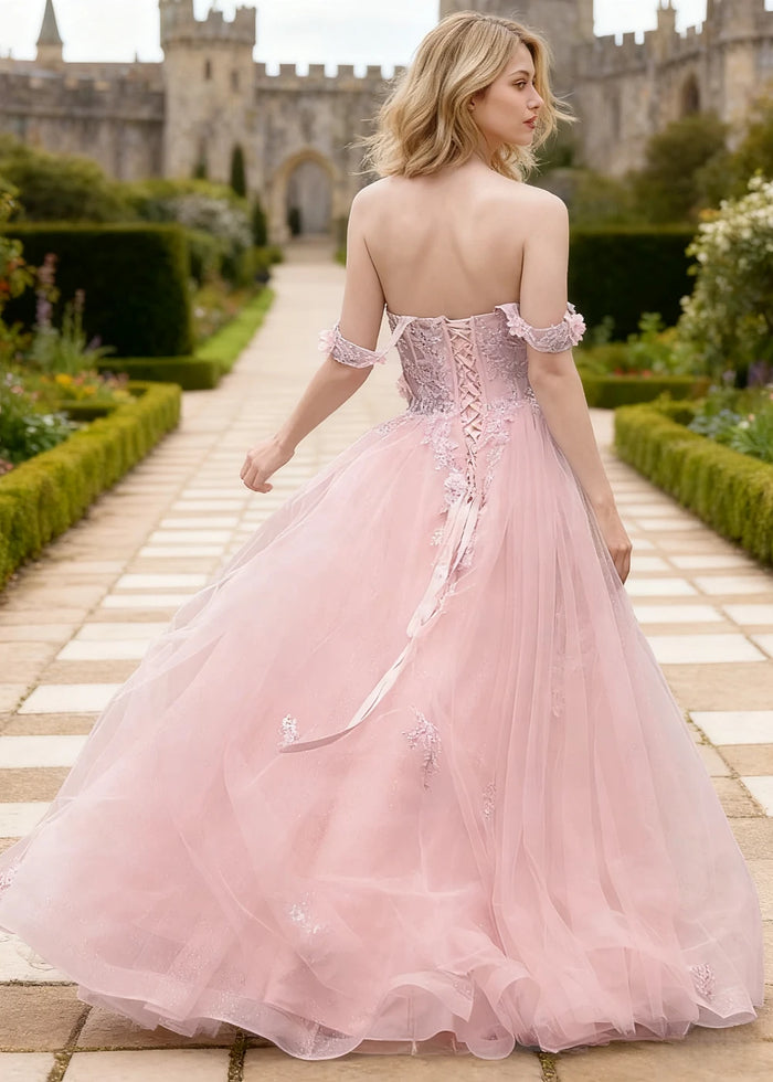 Gwen Pink 3D Flower Off Shoulder Prom Dress | A - Line Sweetheart Neckline Corset Tulle Formal Dress - Pink - PromDressClub
