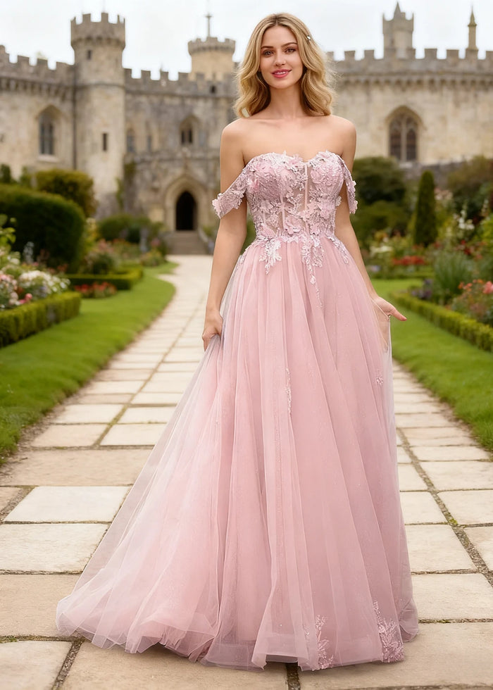 Gwen Pink 3D Flower Off Shoulder Prom Dress | A - Line Sweetheart Neckline Corset Tulle Formal Dress - Pink - PromDressClub