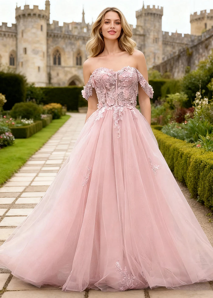 Gwen Pink 3D Flower Off Shoulder Prom Dress | A - Line Sweetheart Neckline Corset Tulle Formal Dress - Pink - PromDressClub
