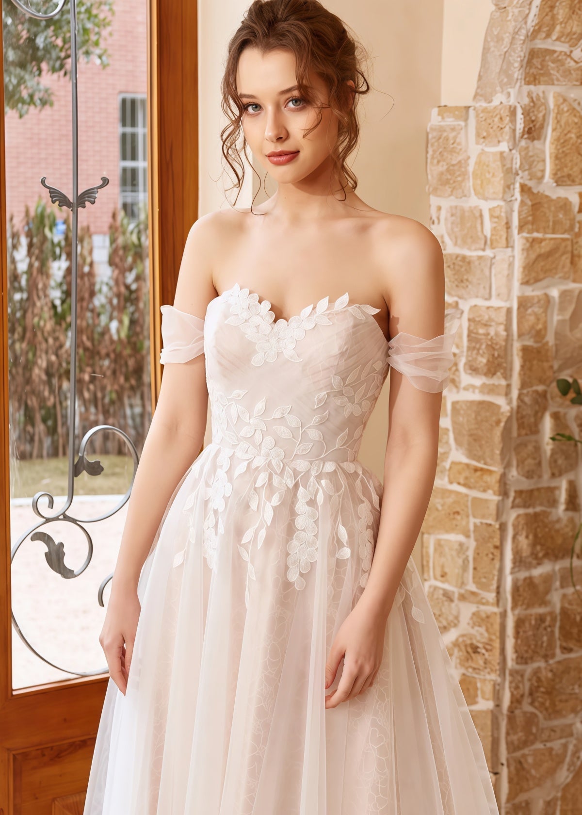 Gwendolyn | A Line Strapless Off the Shoulder White Tulle Wedding Dress with Appliques Lace - White - PROMDRESS Club