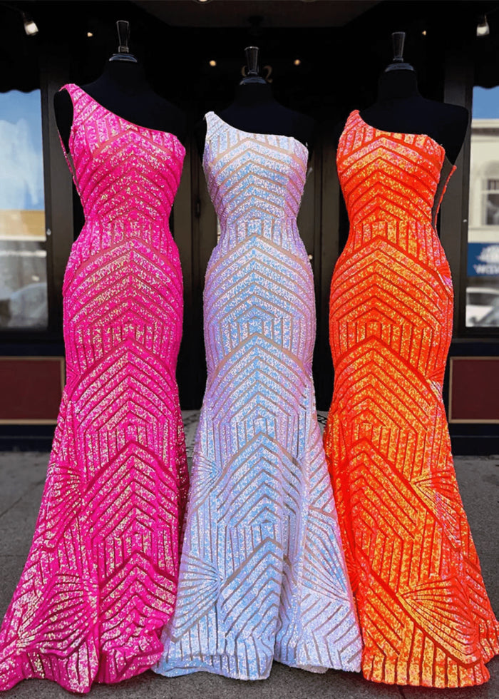 Gwendolyn | Hot Pink Orange One Shoulder Sequin Formal Dresses Mermaid - Silver - PromDressClub
