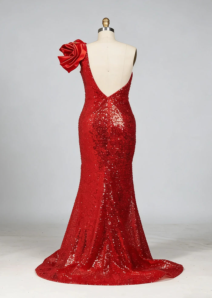 Hana Sparkly Red One Shoulder Prom Dress | Sheath Sequin 3D Flower Formal Dress with Slit - Red - PromDressClub