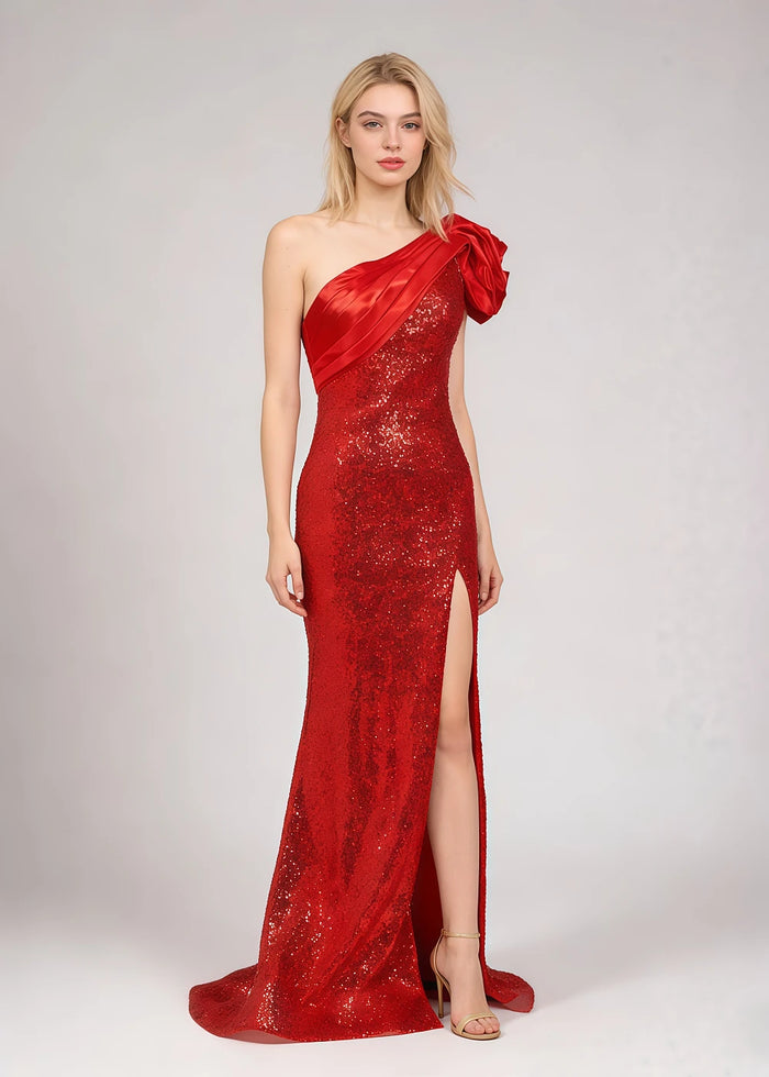 Hana Sparkly Red One Shoulder Prom Dress | Sheath Sequin 3D Flower Formal Dress with Slit - Red - PromDressClub