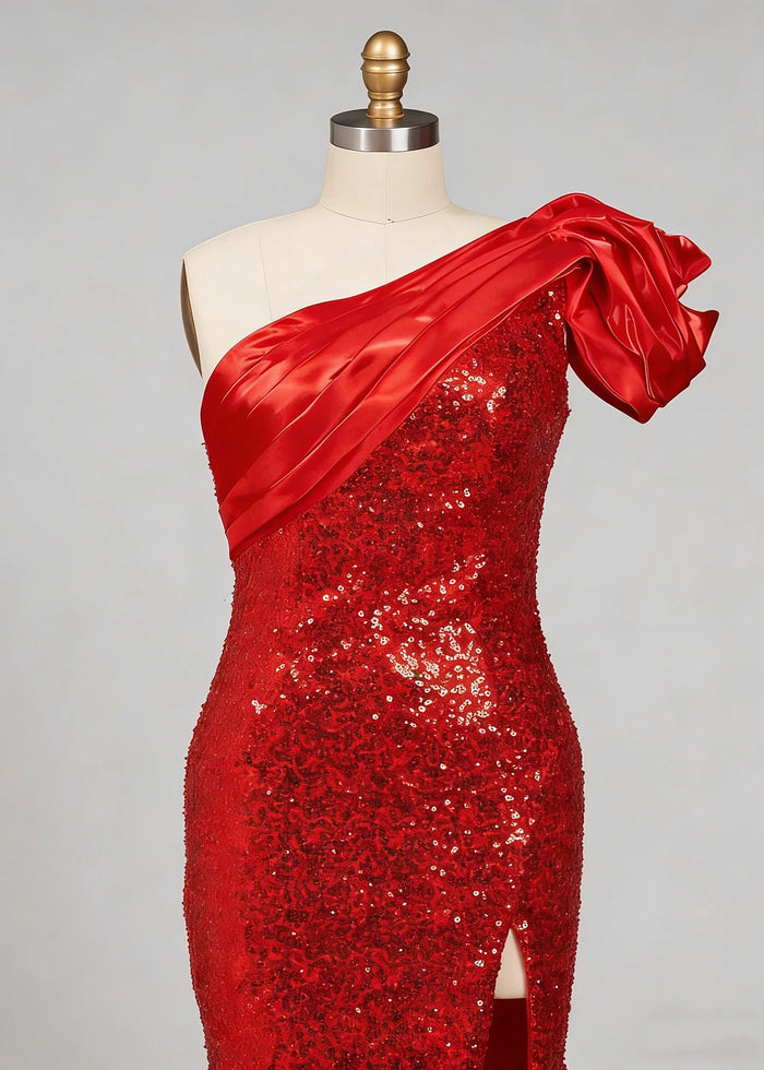 Hana Sparkly Red One Shoulder Prom Dress | Sheath Sequin 3D Flower Formal Dress with Slit - Red - PromDressClub