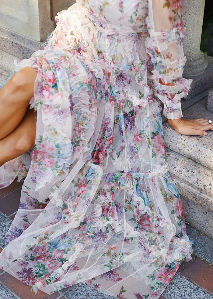 Harper | Modest White Floral Long Sleeve High Neck Prom Dress with Ruffles - White Floral - PromDressClub