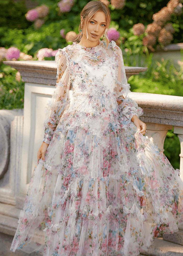 Harper | Modest White Floral Long Sleeve High Neck Prom Dress with Ruffles - White Floral - PromDressClub