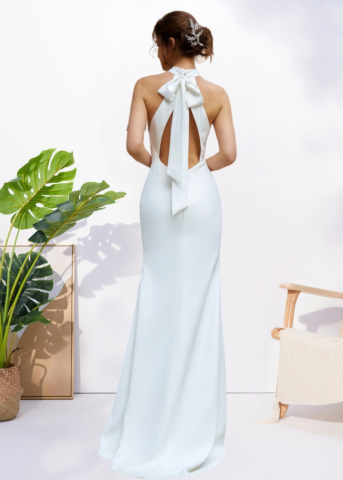 Harriet | Simple Mermaid Halter Neck Backless White Satin Wedding Dress with Bow - White - PROMDRESS Club