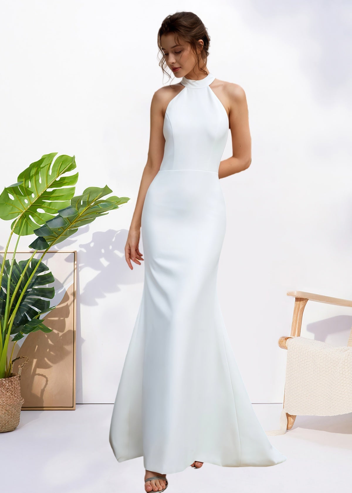 Harriet | Simple Mermaid Halter Neck Backless White Satin Wedding Dress with Bow - White - PROMDRESS Club