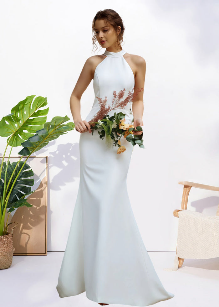 Harriet | Simple Mermaid Halter Neck Backless White Satin Wedding Dress with Bow - Price #price_variant_lowest# - White - PromDressClub