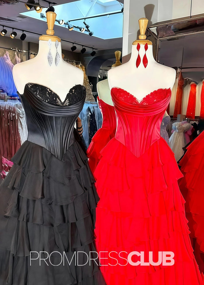 Harriet | Strapless Sweetheart Ruffle Red Prom Dress - Red - PromDressClub