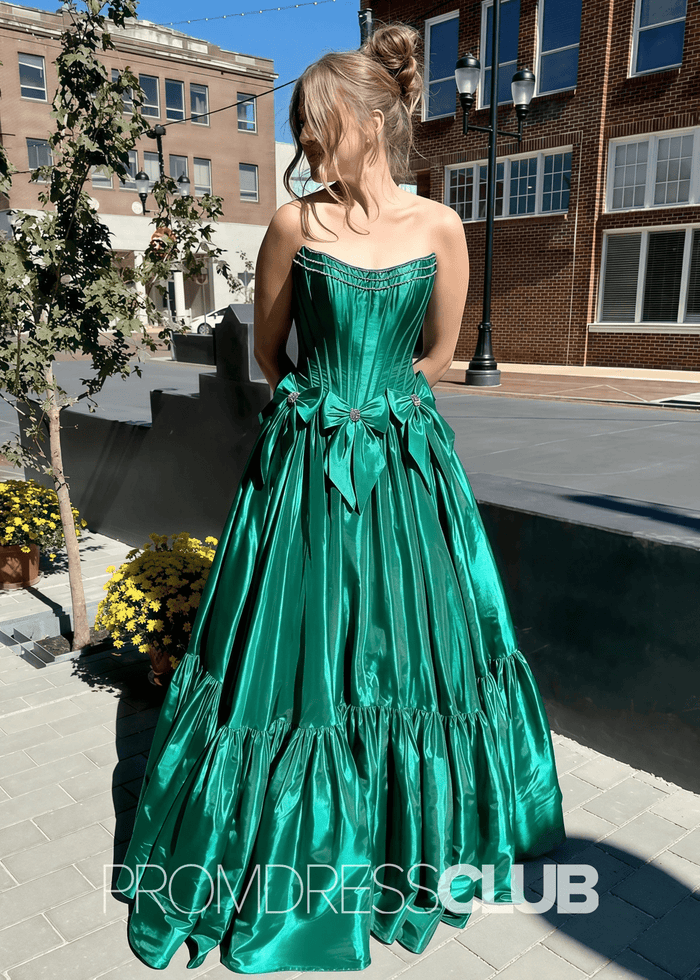 Hazel | A Line Bow Knots Long Prom Dress Light Blue - Price #price_variant_lowest# - Emerald Green - PromDressClub