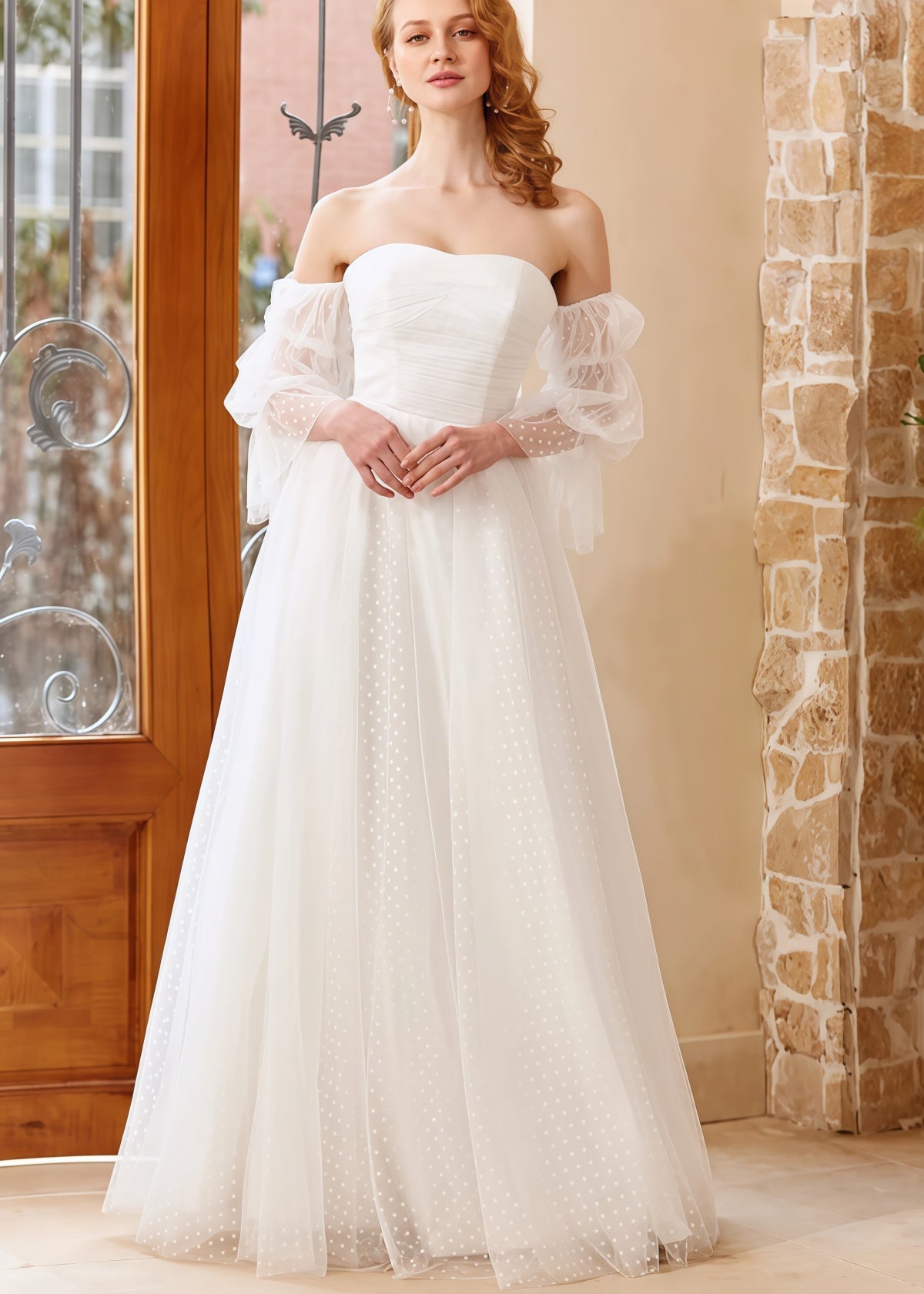 Hazel | A Line Off the Shoulder Strapless Puff Sleeve White Tulle Wedding Dress with Polka Dots - White - PROMDRESS Club