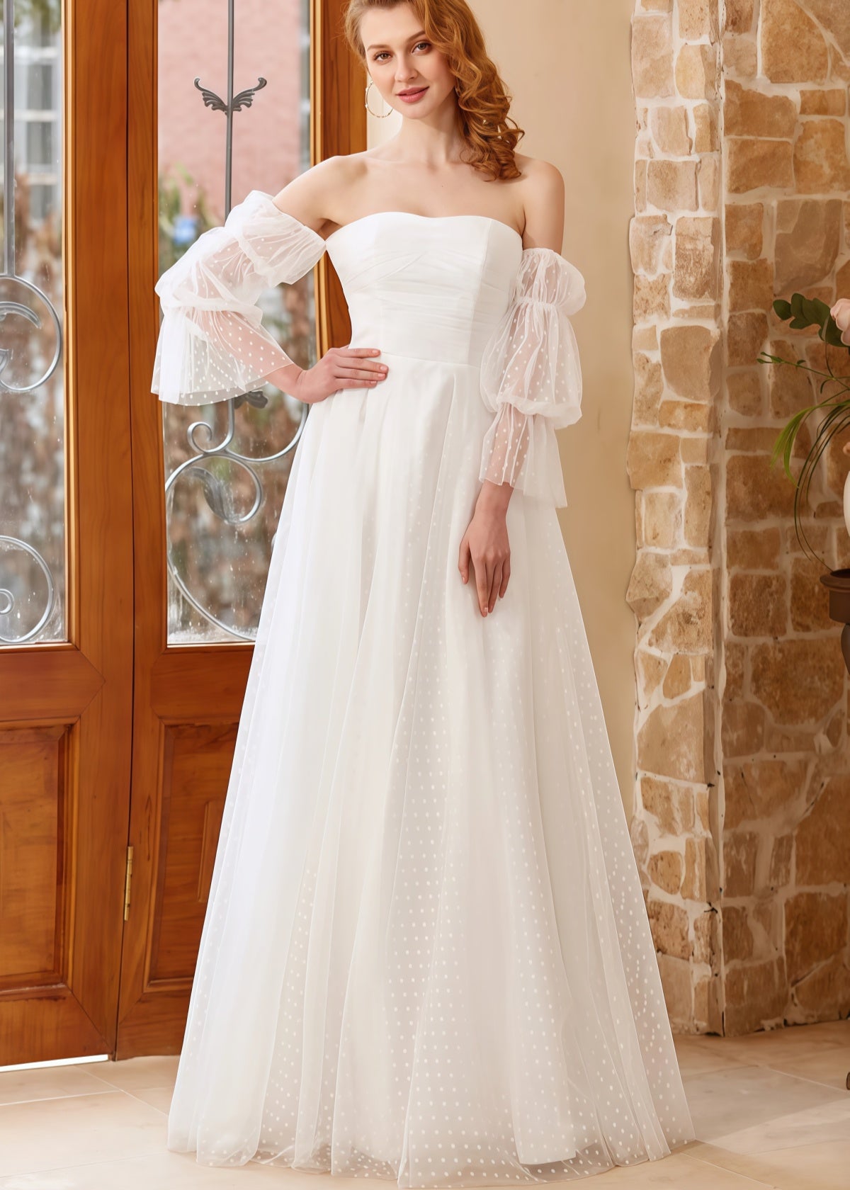 Hazel | A Line Off the Shoulder Strapless Puff Sleeve White Tulle Wedding Dress with Polka Dots - White - PROMDRESS Club