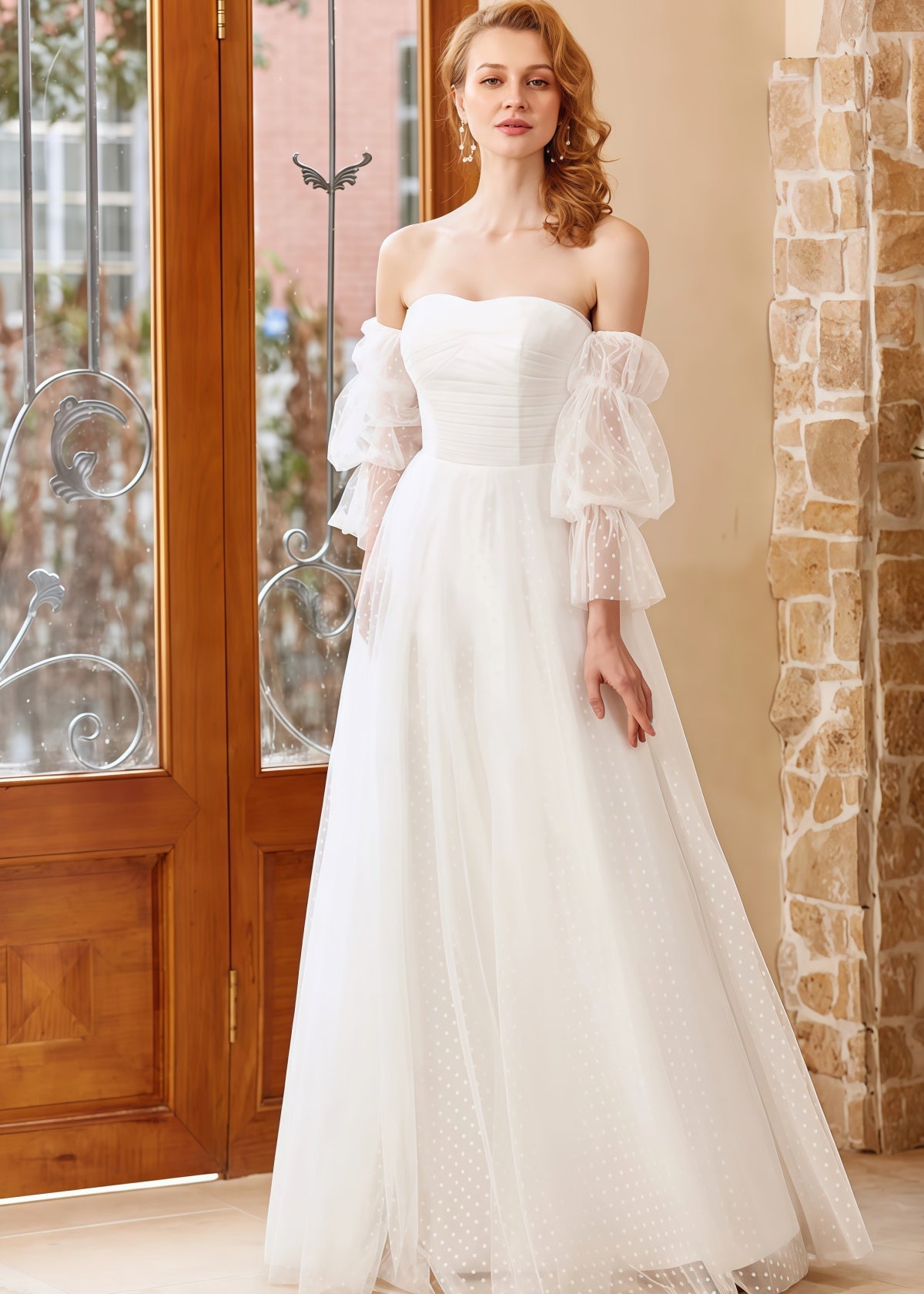 Hazel | A Line Off the Shoulder Strapless Puff Sleeve White Tulle Wedding Dress with Polka Dots - White - PROMDRESS Club