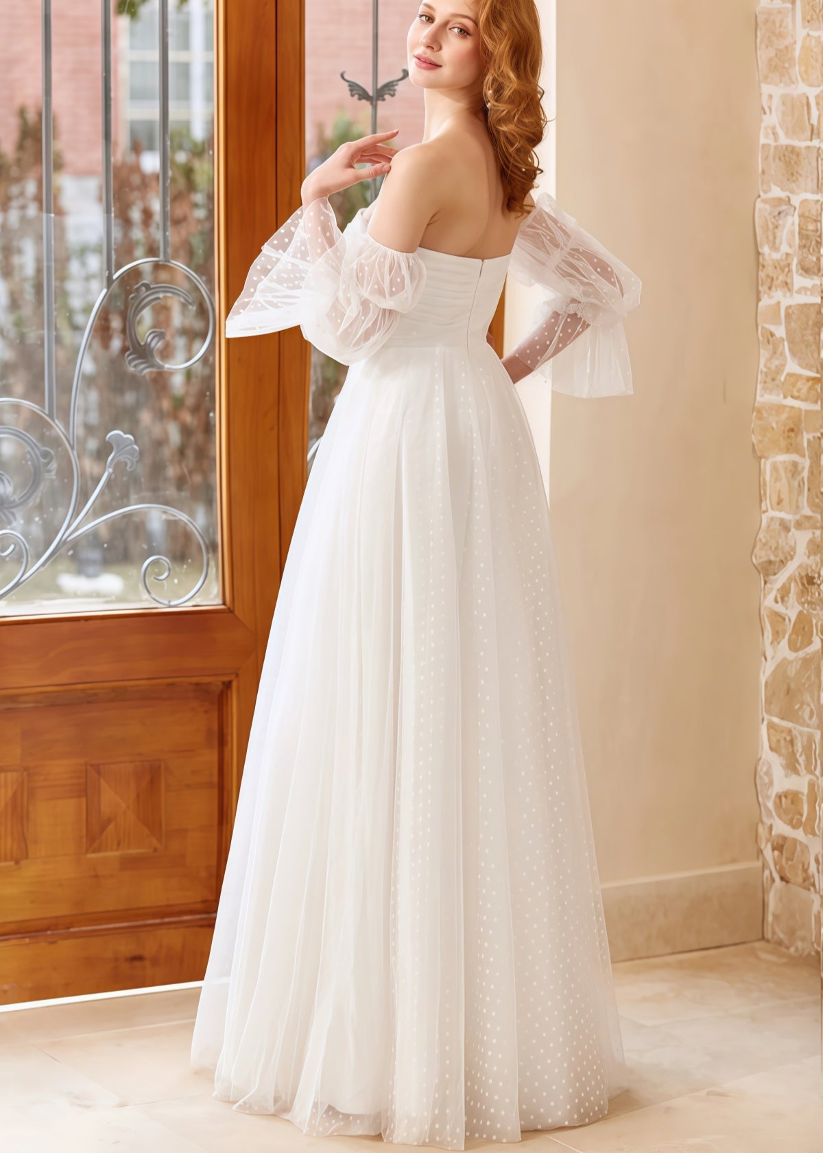 Hazel | A Line Off the Shoulder Strapless Puff Sleeve White Tulle Wedding Dress with Polka Dots - White - PROMDRESS Club