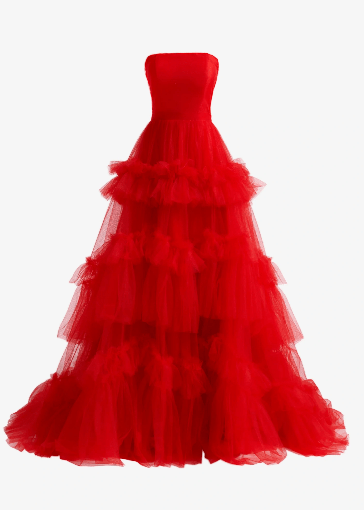 Hazel |A - Line Strapless Ruffled Red Tulle Long Prom Dress With Tiered Ruffles - Red - US0 - PromDressClub