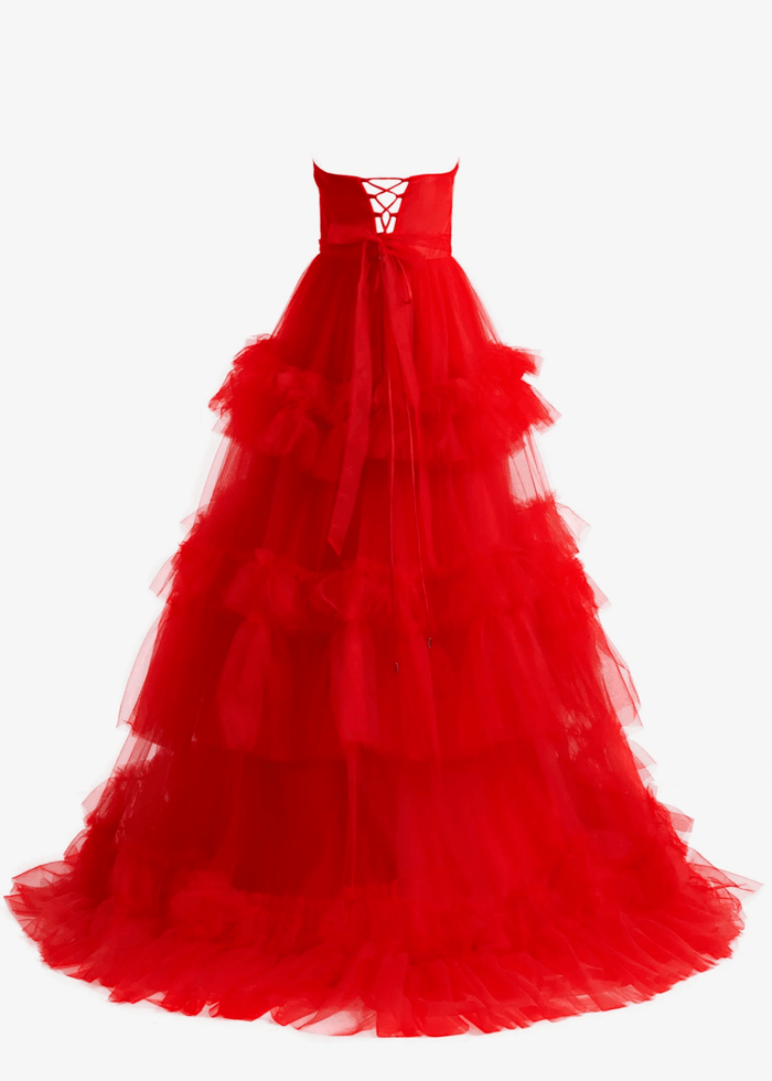 Hazel | A Line Red Strapless Corset Tulle Formal Dress Ruffle - Red - PromDressClub